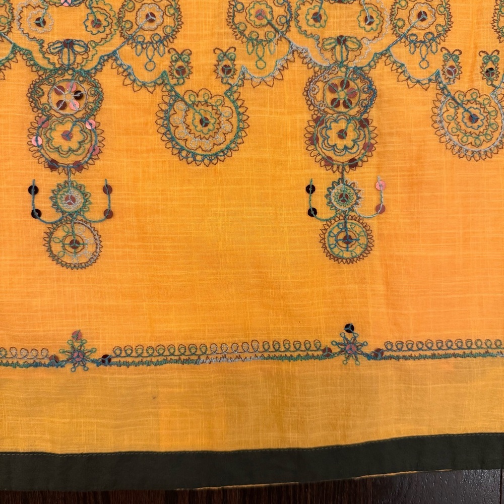 Sleeveless Yellow Embroidered Midi Dress with Dark Green Trim - Picture 6 of 7